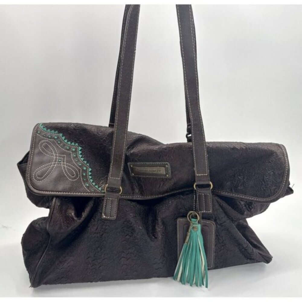 Cynthia Rowley Satchel Luggage Bag Brown Teal Fringe Double Handle Faux Leather